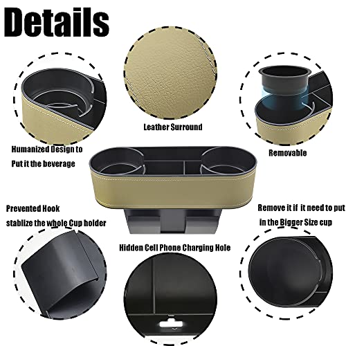 IOKONE Car Cup Holder, Auto Front Seat Organizer, Multifunctional Cup Drink Holders with PU Leather Cover, Gap Filler Storage Box Coin Bucket Console Side Pocket Cell Mobile Phone Holder(Slim-Beige) - color: Slim-Beige