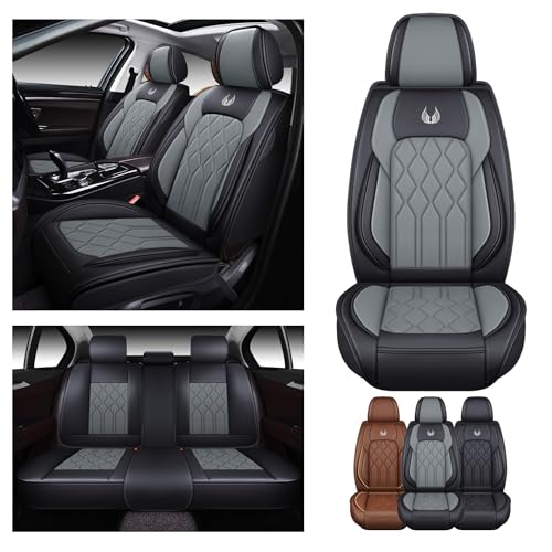 OASIS AUTO Car Seat Covers Full Set Premium Waterproof Faux Leather Cushion Universal Accessories Fit SUV Truck Sedan Automotive Vehicle Auto Interior Protector (OS013-Gray) - color: 013-Gray