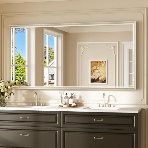 Keonjinn 72" x 36" Brushed Nickel Bathroom Mirrors for Over Sink, Beveled Edge Tempered Glass, Decorative Aluminum Alloy Frame, Rustproof, Large Rectangular Vanity Wall-Mounted Mirror for Dining Room - color: Brushed Nickel, size: 36"L x 72"W