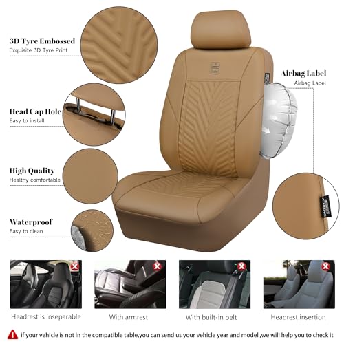 CAR PASS Faux Leather Car Seat Covers, 3D Tyre Embossed Waterproof Universal Fit 5 Seat Covers for SUV, Automotive Truck, Scratch Proof, Airbag Compatible (Deluxe Full Set, All Beige) - color: All Beige