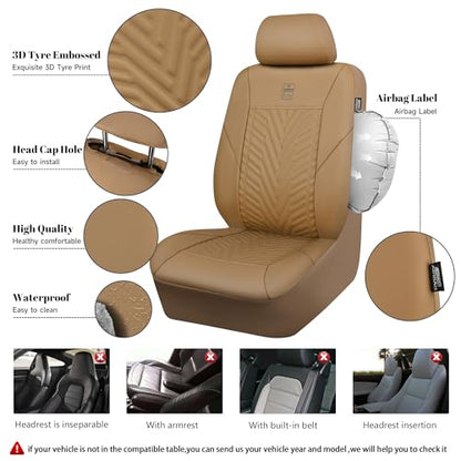 CAR PASS Faux Leather Car Seat Covers, 3D Tyre Embossed Waterproof Universal Fit 5 Seat Covers for SUV, Automotive Truck, Scratch Proof, Airbag Compatible (Deluxe Full Set, All Beige) - color: All Beige