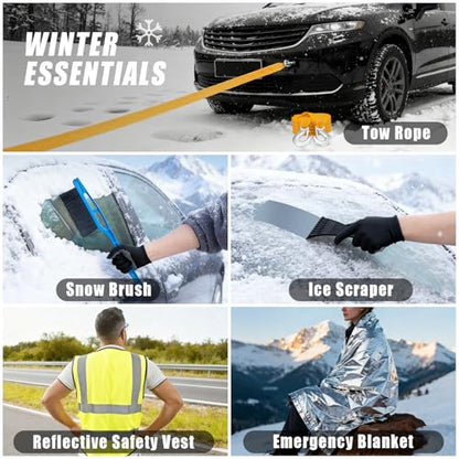 AUTODECO Roadside Emergency Car Kit Winter Road Trip Assistance Vehicle Safety Kit with Air Comperss, Detachable Snow Shovel, Jumper Cables, Tow Strap