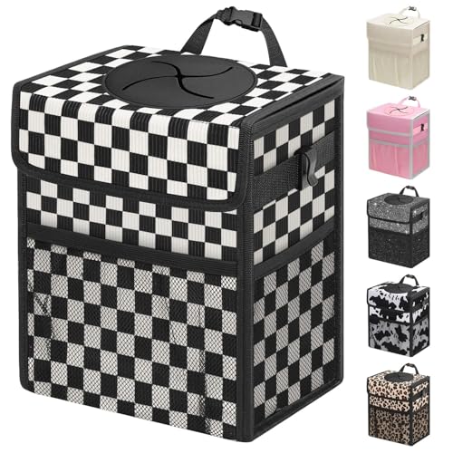 Capolo Car Trash Can with Lid, Leakproof Car Trash Bag Hanging Waterproof Automotive Garbage Can with Storage Pockets Mini Vehicle Trash Bin for Back/Front Seat(Black Checkerboard,2.5 Gallon) - color: Black Checkerboard, size: 2.5 Gallons