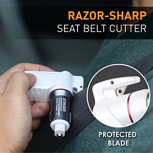 Stinger USB Emergency Escape Tool: Life-Saving Rescue Car Charger, Spring Loaded Window Breaker, Seat belt Cutter, Dual USB Ports Max. 2.4A (1x Black and 1x White Stinger) - color: White & Black 2pcs Combo Deal