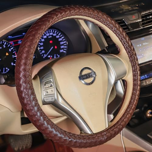 Carwales Elegant Men Steering Wheel Cover Leather for Car Hand-Made Wheel Wrap Hand Woven Universal 14.5-15 Inch Brown - color: Brown