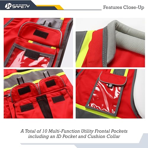 JKSafety 10 Pockets Hi-Vis Zipper Front Fluorescent Red Safety Vest | Cushioned Collar | High Reflective Tapes with Extended Neon Yellow Strips | Meets ANSI/ISEA Standards (Medium, 89-Red) - color: Redt1s1, size: Medium