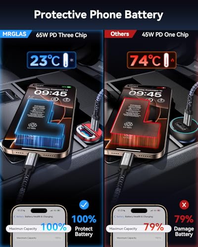【Upgraded】 125W USB C Car Charger Super Fast Charging for iPhone 16, [PD65W & QC60W][All Metal] MRGLAS Cigarette Lighter Car Charger,Dual Port for iPhone 16 15 Pro iPad Samsung S25 S24 MacBook-Red - color: Red