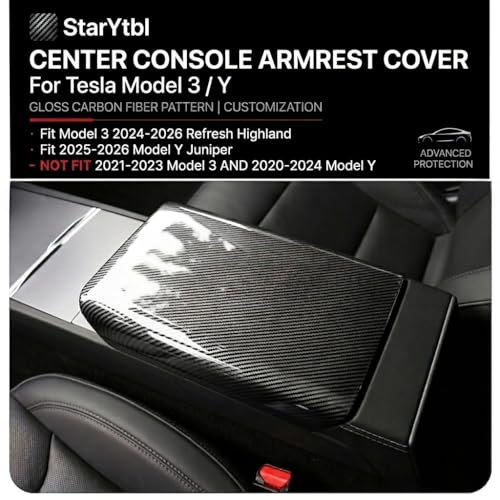 Tesla Model 3 / Y Arm Rest & Center Console Cover, Design for 2024-2026 Model 3 Refresh Highland & 2025 2026 Model Y Juniper, ABS Material Scratch Resistan (Gloss Carbon Fiber Pattern) - color: Gloss Carbon Fiber Pattern, size: M3 Highland & MY Juniper
