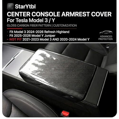 Tesla Model 3 / Y Arm Rest & Center Console Cover, Design for 2024-2026 Model 3 Refresh Highland & 2025 2026 Model Y Juniper, ABS Material Scratch Resistan (Gloss Carbon Fiber Pattern) - color: Gloss Carbon Fiber Pattern, size: M3 Highland & MY Juniper