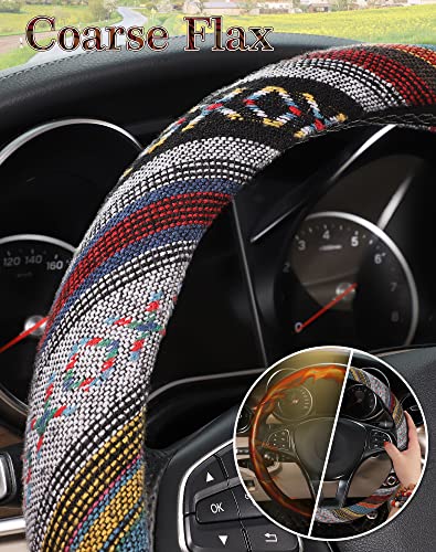 SEG Direct Boho Steering Wheel Cover with Baja Blanket Cloth, Ethnic Style Auto Wheel Cover Made of Coarse Flax, Fits 14 1/2-15 1/4 inches Car Wheel - color: Spinning Rainbow