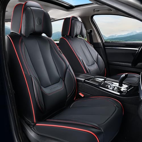 Coverado Universal Seat Covers Full Set, 5 Seats Universal Seat Covers for Cars, Waterproof Nappa Leather Car Seat Covers with Head Pillow, Auto Protectors Fit for Most Pick-up Truck, Black&Redline - color: Black&Redline(Pillow), size: Fullset