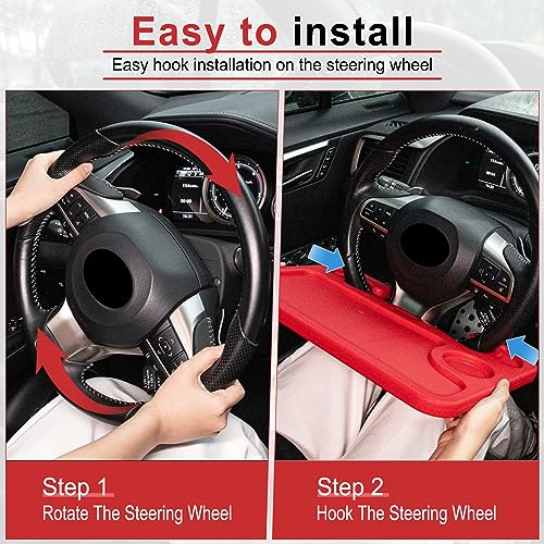 JUSTTOP Car Steering Wheel Desk, Red (ABS, Rectangular), Multipurpose Travel Tray for Eating, Laptop, Tablet, iPad, Cup Holder, Compatible with Most Cars - color: Red