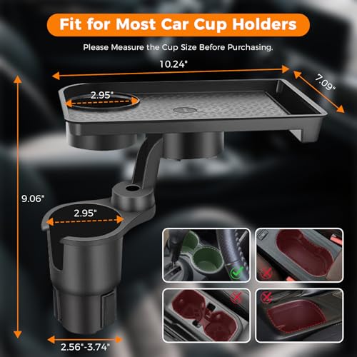 3-in-1 Car Cup Holder Tray Fits 2.6"-3.7" Inner Diameter Standard Vehicles, 10.24" Car Trays Organizer with Double Cupholders & Phone Holder for Eating, Travel