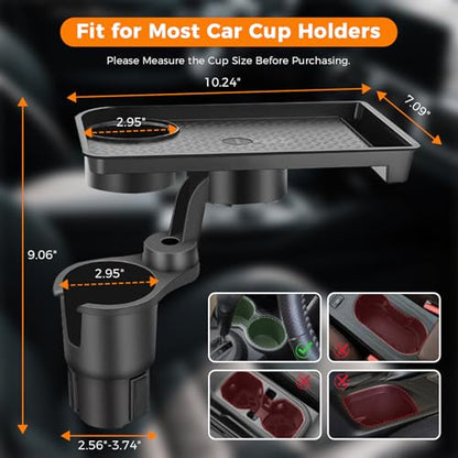 3-in-1 Car Cup Holder Tray Fits 2.6"-3.7" Inner Diameter Standard Vehicles, 10.24" Car Trays Organizer with Double Cupholders & Phone Holder for Eating, Travel