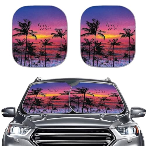 2 Pieces Palm Tree Print Automotive Windshield Sunshade Foldable Car Front Windows Sunshade Car Accessories for Outdoors Summer Travel - color: Palm Tree