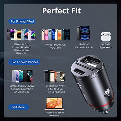 USB C Car Charger Syncwire 60W [PD 30W & QC 30W] USB Car Charger Adapter Fast Charging [Super Mini & All Metal] for iPhone, Samsung, Google Pixel, XiaoMi, Huawei, LG, iPad Road Trip Essentials - color: Black