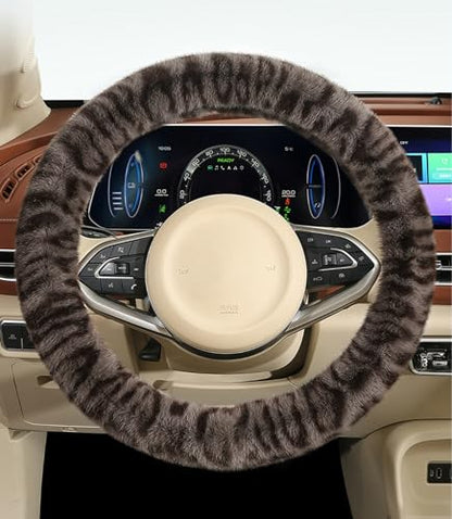 Fluffy Cheetah Car Steering Wheel Cover Luxurious Faux Fur Leopard Print Cute Wheel Protector Universal 15 Inch Fit for Vehicle, Car, Auto, SUV Winter Warm (Brown) - color: Brown