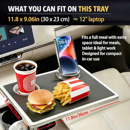 Car Food Tray & Car Table Tray with Car-Grade Aluminum Cup Holder & Phone Stand, Premium Wood with Leather Surface, 360° Rotating Car Desk for Laptop &Eating (Square, Black) - color: 𝗦𝗾𝘂𝗮𝗿𝗲 · Black