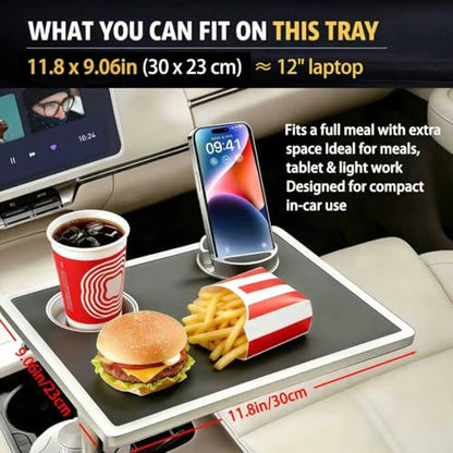 Car Food Tray & Car Table Tray with Car-Grade Aluminum Cup Holder & Phone Stand, Premium Wood with Leather Surface, 360° Rotating Car Desk for Laptop &Eating (Square, Black) - color: 𝗦𝗾𝘂𝗮𝗿𝗲 · Black