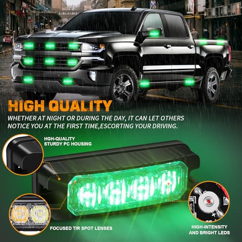 XRIDONSEN 8PCS Sync Truck Grill Strobe Lights 32 LED Green Emergency Lights Grille Surface Mount Strobe Flashing Warning Hazard Caution Safety Light for Tow Plow Trucks Construction Vehicles Car - color: Green