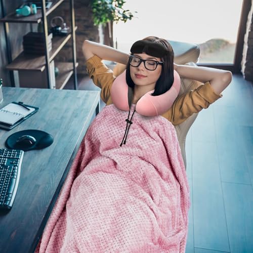 urnexttour Travel Pillow and Blanket Set Neck Pillows Soft Blankets with Sleep Mask Travel Essentials for Airplane Car Memory Foam Pink - color: B-pink