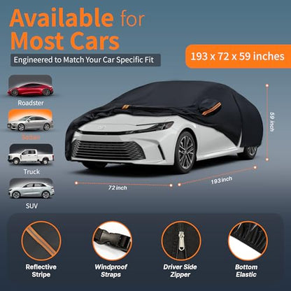 Waterproof Car Cover All-Weather, Heavy-Duty Outdoor Full Exterior Automobiles Snow Cover for Sedan 186-193 inch with Sun Visor,Zippered & Storage Bag - Black - size: Fit Sedan Length 186-193 inch(3XL)
