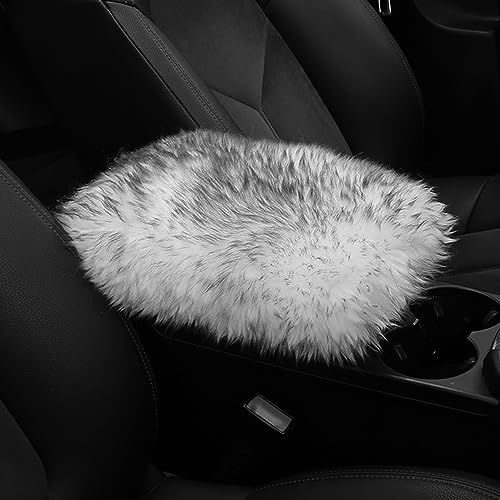 Genuine Sheepskin Center Console Cover Pad Genuine Furry Fluffy Wool Fur Car Armrest Cover Protector Universal Fit for SUV/Truck/Car - color: Long Wool-White Gray Tip