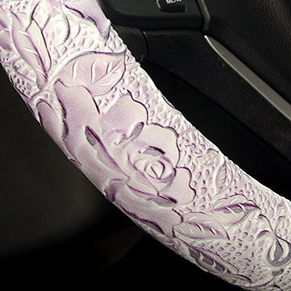 Car Steering Wheel Cover Universal 15 Inch Middle Size Auto Anti-Slip Leather Wheel Protector with Flower Grain Design White Style - color: White