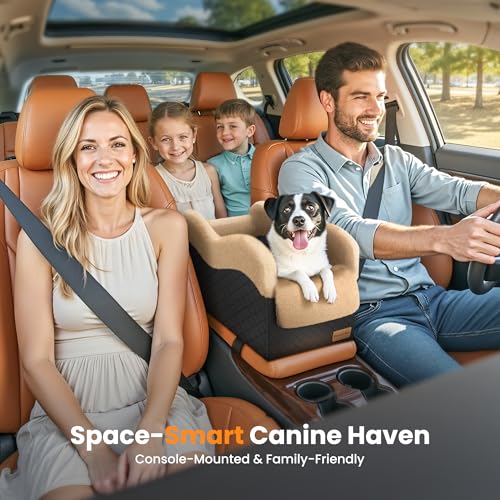 Portable Small Dog Seat for Car, Luxury Center Console Dog Car Seat Booster with Safety Tethers, Anti-Collapse Pet Travel Carseat for SUV, Truck (Black/Brown) - color: Black/Brown
