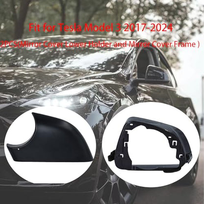 Fits For Tesla Model 3 Left Driver Side Wing Mirror Cover and Mirror Frame Set Rearview Lower Holder Tray Cap Housing 2017-2024(left side black) - size: Model 3 Left Side Black