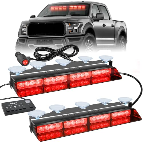 Nilight 32LED Red Emergency Dash Strobe Lights with Controller Suction Cups Warning Hazard Interior Front/Rear Windshield Deck Split Light Bar for Trucks Construction Vehicles - color: Red