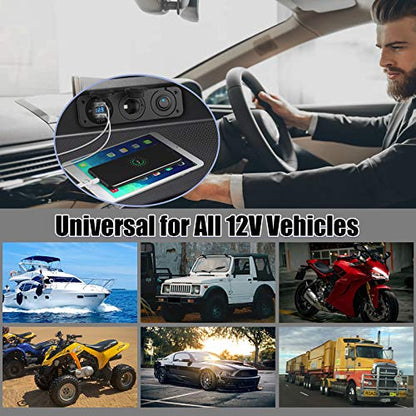 Cigarette Lighter Socket 12V Splitter with Rocker Toggle Switch, Dual Quick Charge 3.0 Aluminum Metal 12 Volt USB Outlet with LED Voltmeter, Waterproof Cigarette Lighter Adapter Female Socket Plug DC
