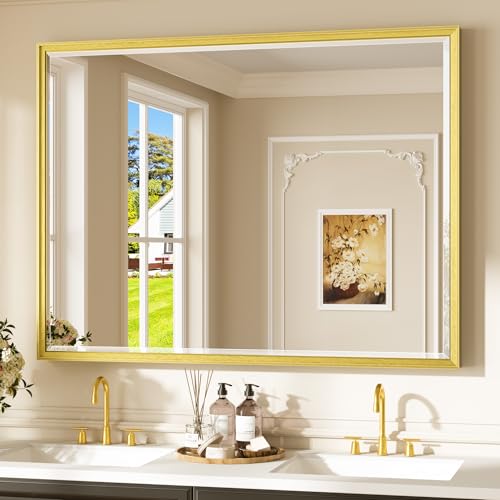 Keonjinn 48" x 36" Large Gold Bathroom Mirrors for Over Sink, Safe Tempered Glass with Beveled Edge, Aluminum Alloy Frame, Scratch Resistant, Gold Vanity Wall-Mounted Mirror, Sturdy Easy Installation - color: Gold, size: 36"L x 48"W