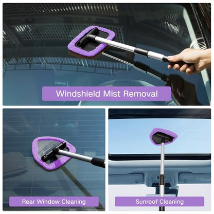 Qydipclin 11pcs Windshield Cleaner Tool, Car Window Cleaning Wash Kit with 6 Reusable Microfiber Pads 2 Spray Bottles and Extendable Handles Auto Glass Wiper Kit, Purple - color: Purple
