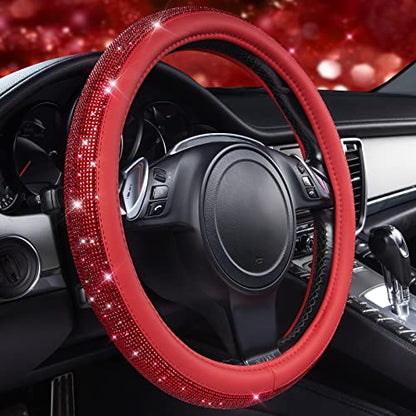 CAR PASS Bling Diamond Leather Steering Wheel Cover, with Bling Sparkly Crystal Glitter Rhinestones Universal Fit 14" 1/2-15" Car Wheel Protect for Women Girl Fit Suvs,Vans,Sedans,Cars,Trucks, Red - color: Red Diamond on Velvet
