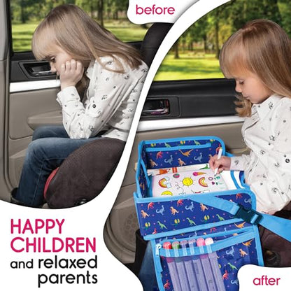 Kids Travel Tray - Waterproof Car Table with No-Drop Large Tablet Holder - Car Seat Tray - Road Trip Must Haves - Lap Desk Kids Organizer for Airplane - Toddler Travel Activities (Blue) - color: DINOSAUR