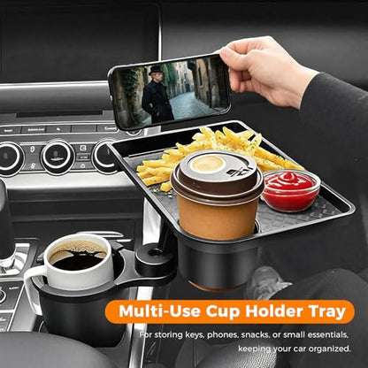 3-in-1 Car Cup Holder Tray Fits 2.6"-3.7" Inner Diameter Standard Vehicles, 10.24" Car Trays Organizer with Double Cupholders & Phone Holder for Eating, Travel
