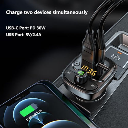 Bluetooth 5.3 FM Transmitter Car Adapter, Wireless Radio MP3 Player Stereo Music Audio Receiver Hands Free Calling, 42W (PD 30W & 12W) USB C Car Charger for iPhone, Support TF Card & USB Disk (Black)