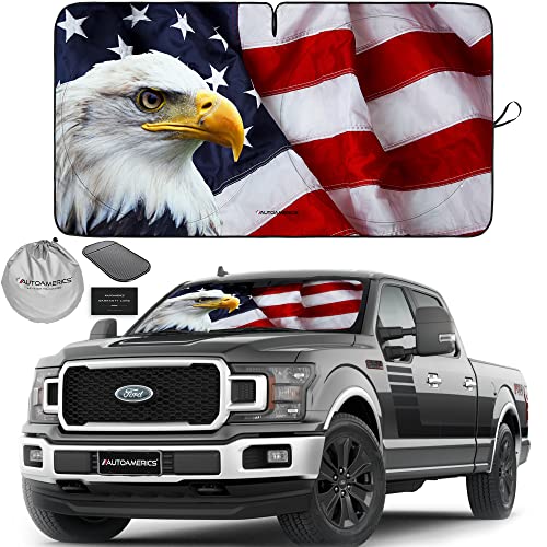 Autoamerics Truck Windshield Sun Shade with Storage Pouch & Anti-Slip Dash Pad - Foldable American Eagle Flag-3 Design - Fits Most SUVs & Trucks - Blocks UV Rays, Keeps Car Cool | X-Large (66 x 36 in) - color: USA EAGLE FLAG-3, size: X-large = 66 X 36 Inc