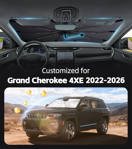 Windshield Sun Shade for Jeep Grand Cherokee 4XE 2022-2026 with 360° Rotating Shaft, Custom Fit Umbrella Sunshade for UV Blocking, Interior Heat Protection, Easy Storage - size: Fit for Jeep Grand Cherokee 4XE 2022-2026