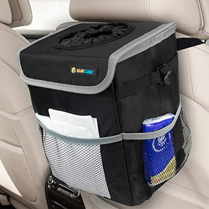 SUN CUBE Waterproof Car Trash Can with Lid, Mesh Pockets | Leakproof Car Garbage Can Hanging | Auto Trash Bin, Garbage Bag Organizer for Headrest, Console, Truck (Black/Gray) - color: Black with Gray Trim