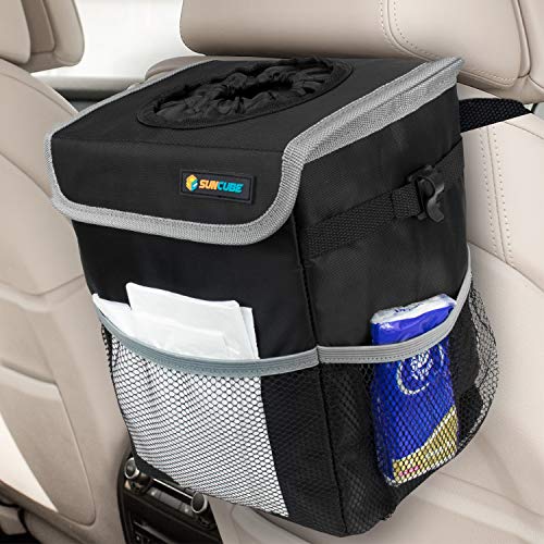 SUN CUBE Waterproof Car Trash Can with Lid, Mesh Pockets | Leakproof Car Garbage Can Hanging | Auto Trash Bin, Garbage Bag Organizer for Headrest, Console, Truck (Black/Gray) - color: Black with Gray Trim
