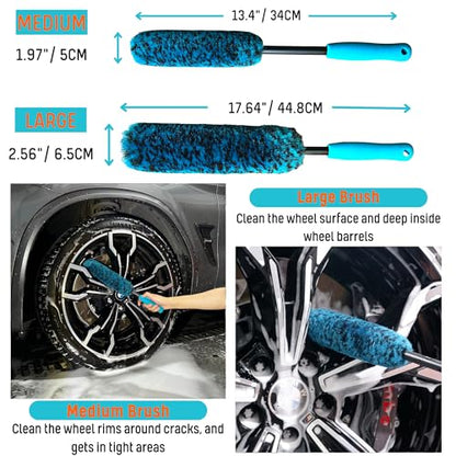 oesee 6PCS Car Wheel Cleaning Detailing Pro Kit, Tire Brush, 2 PCS Soft Wool Rims Brush, Detailing Brush, and Tire Dressing Pads, Scratch-Free & Multipurpose Tire Brush - color: 6 Pack (Blue & Black)