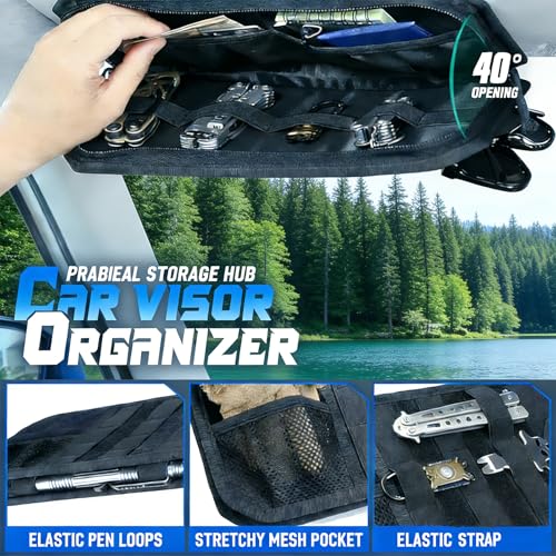 Molle Car Sun Visor Organizer,Car Accessories with Zipper Visor Storage Pouch&Glasses Clip&Adjustable Straps, Semi-Rigid Molle Panel for Tactical Gears, Fits Most Vehicles, SUVs (Grey)