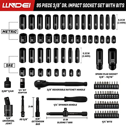 LLNDEI 3/8”Drive Impact Socket Set,Standard SAE(5/16 to 3/4-Inch) Metric Size(8-22mm), 95 Piece, CR-V Steel Deep&Shallow Kit, Adapters, Ratchet Handle, Screwdriver Bit Set, Spark Plug Socket, 6 Point - size: 95-Piece 3/8" Drive Impact Socket Set