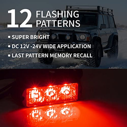 FXC (2PCS 3-LED Strobe Light Red Waterproof Emergency Beacon Flash Lights,Purishion Caution Bar 12 Different Flashing Car SUV Pickup Truck Van - color: Red