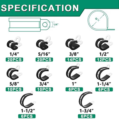 OURU 110PCS Cable Clamps Assortment Kit,10 Sizes—1/4" 5/16" 3/8" 1/2" 5/8" 3/4" 1" 1-1/4" 1-1/2" 1-3/4" Stainless Steel Rubber Coated Cushioned Insulated Cable Clamp,Automotive Wire Pipe Clamps - size: 110PCS KIT