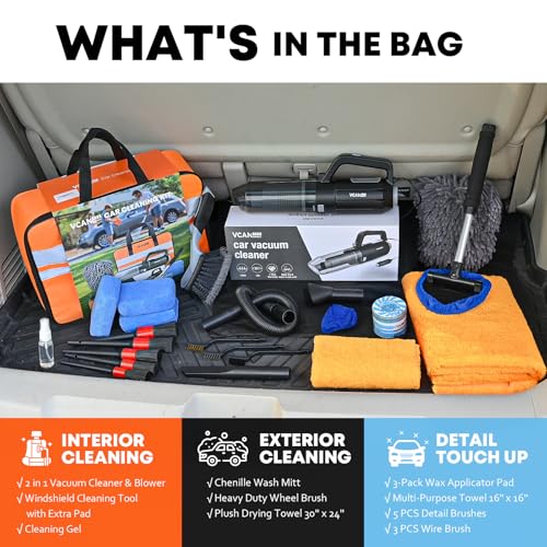 VCANENERGY Car Cleaning kit, Car Interior Detailing kit with 10000pa Car Vacuum Cleaner, Detailing Brush Set, Wheel Brush, Windshield Cleaner Tool, Complete Auto Accessories for Men, Women - size: 25 Pcs