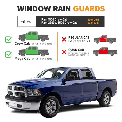 Shatterproof Taped-On Window Deflectors for Dodge RAM 2009-2018 Crew Cab 1500 2500 3500, Rain Guards, Window Visors for Cars, 4pcs - size: For 2009-2018 Ram Crew Cab