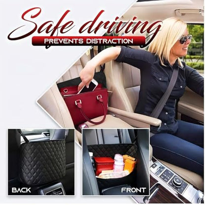 Car Net Pocket Handbag Holder，Purse Holder for Between Seats，Leather Seat Back Organizer Mesh Large Capacity Bag，Handbag Between The Two Seats - color: Black